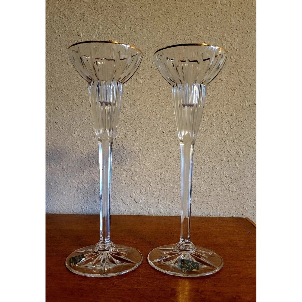 Mikasa Crystal Golden Tiara Candle Holders Original Stickers Unused Gold Trim
